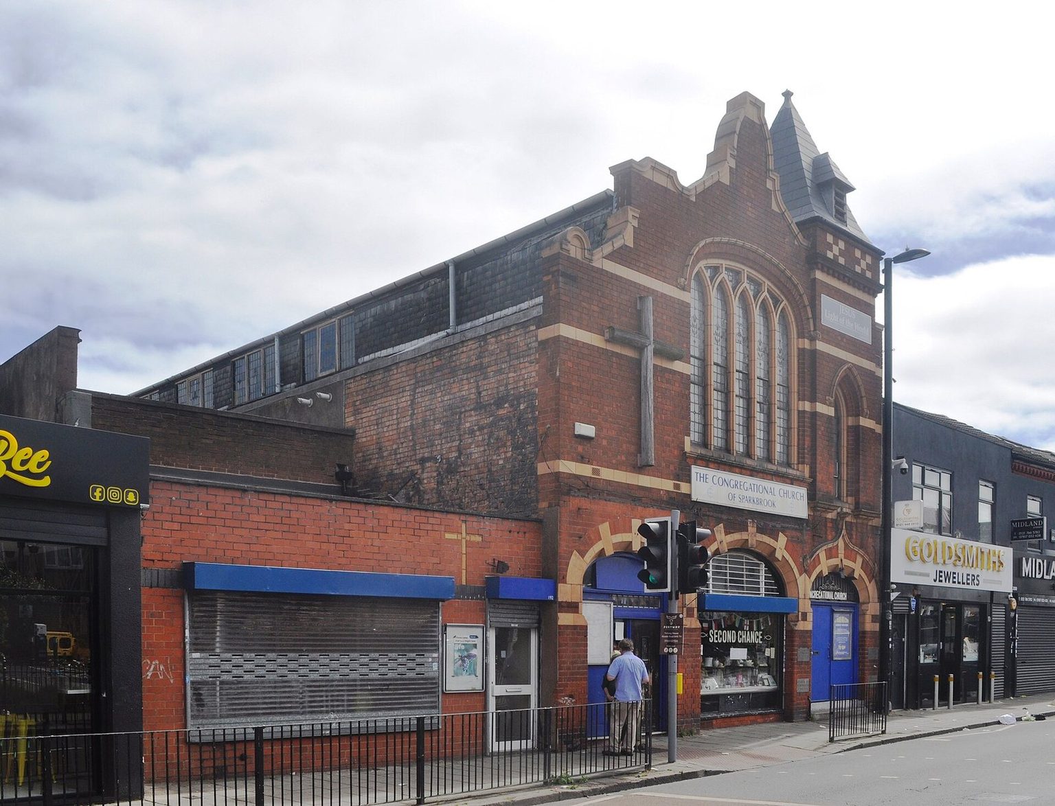 Sparkbrook Congregational Church and the shops beside it on Ladypool Road