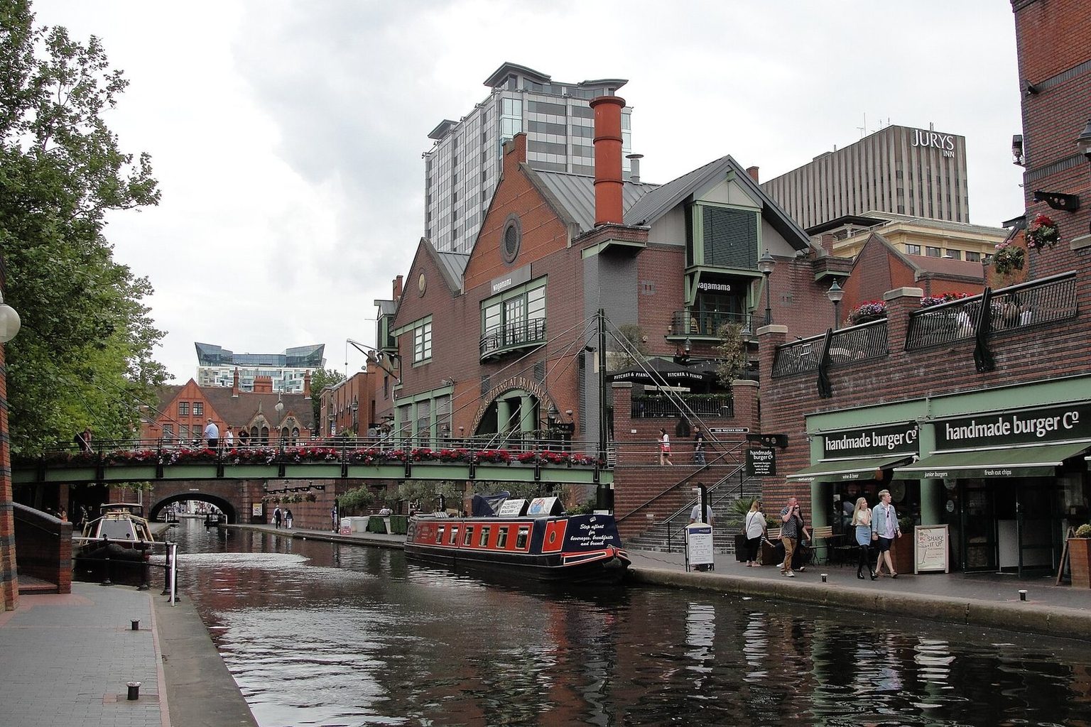 Canalside terraces and bridges at Brindleyplace, off Broad Street in Birmingham