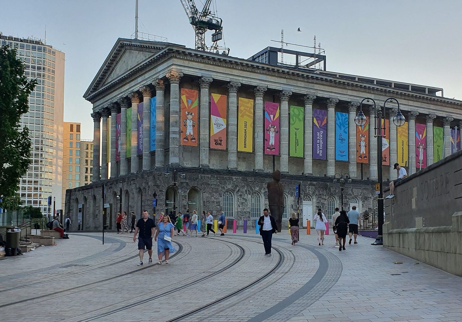Birmingham Town Hall and Victoria Square, with the tram line curving across the foreground