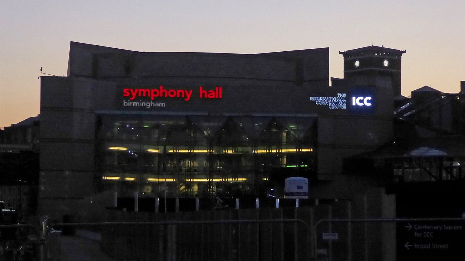 Symphony Hall and the International Convention Centre on Broad Street at dusk